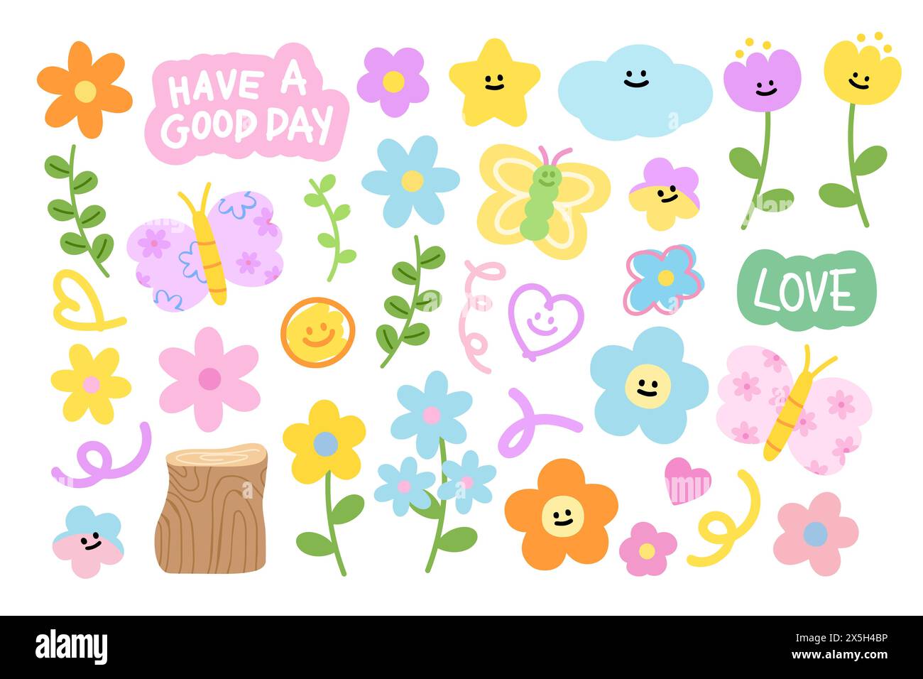 Illustrazioni di fiori pastello come fiori, farfalle, legno di legno, smiley, cuore, coriandoli, AMORE per la primavera, l'estate, picnic, adesivi, logo, icona Illustrazione Vettoriale