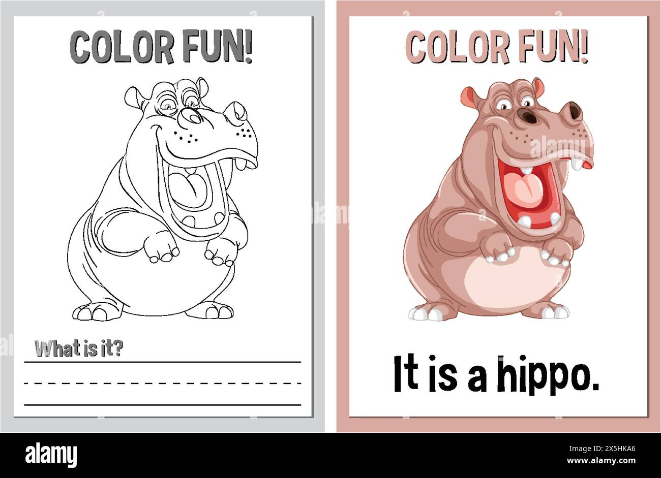 Fogli da colorare educativi con un ippopotamo dei cartoni animati Illustrazione Vettoriale