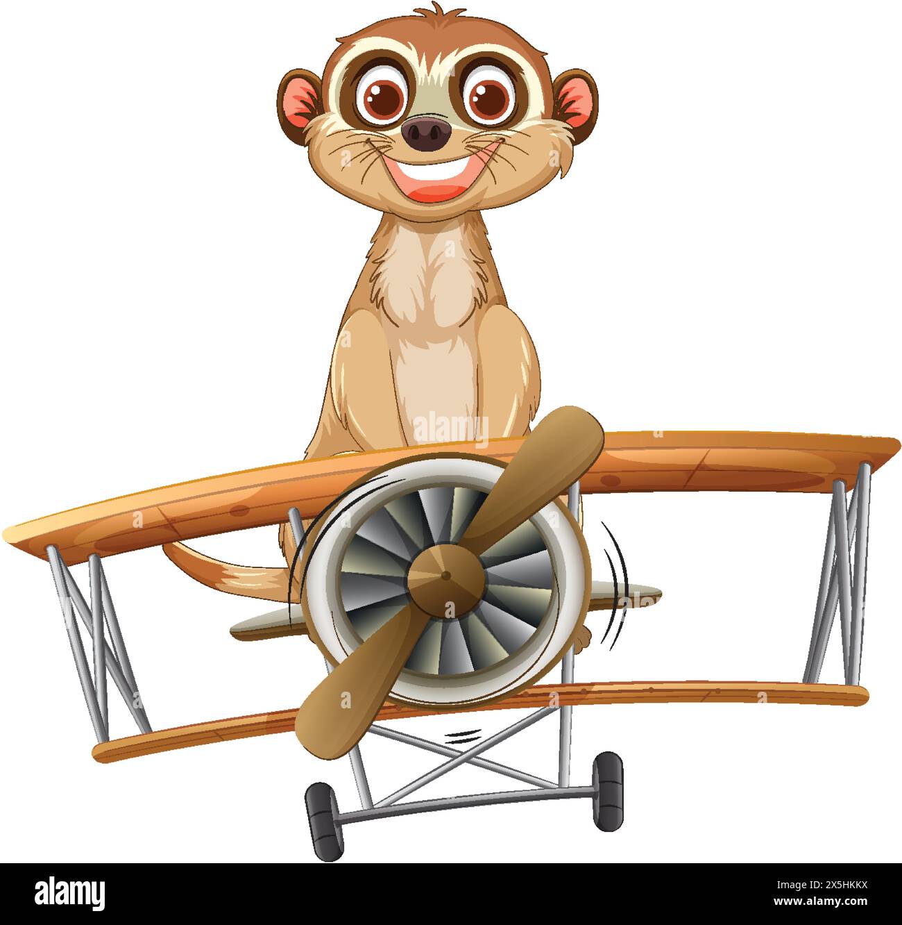 Allegro meerkat che vola su un classico aeroplano di legno Illustrazione Vettoriale