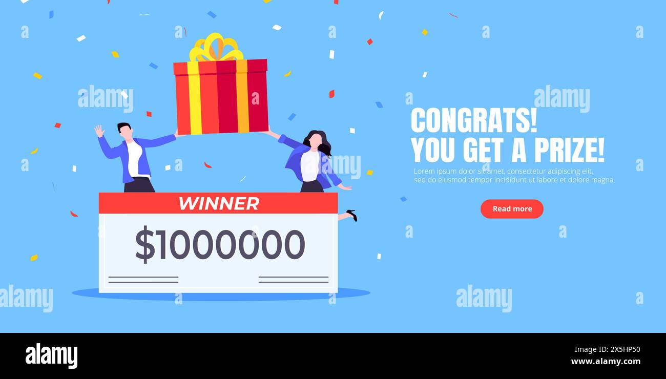 Felice vincitore della lotteria con un grande premio di stipendio. Illustrazione Vettoriale