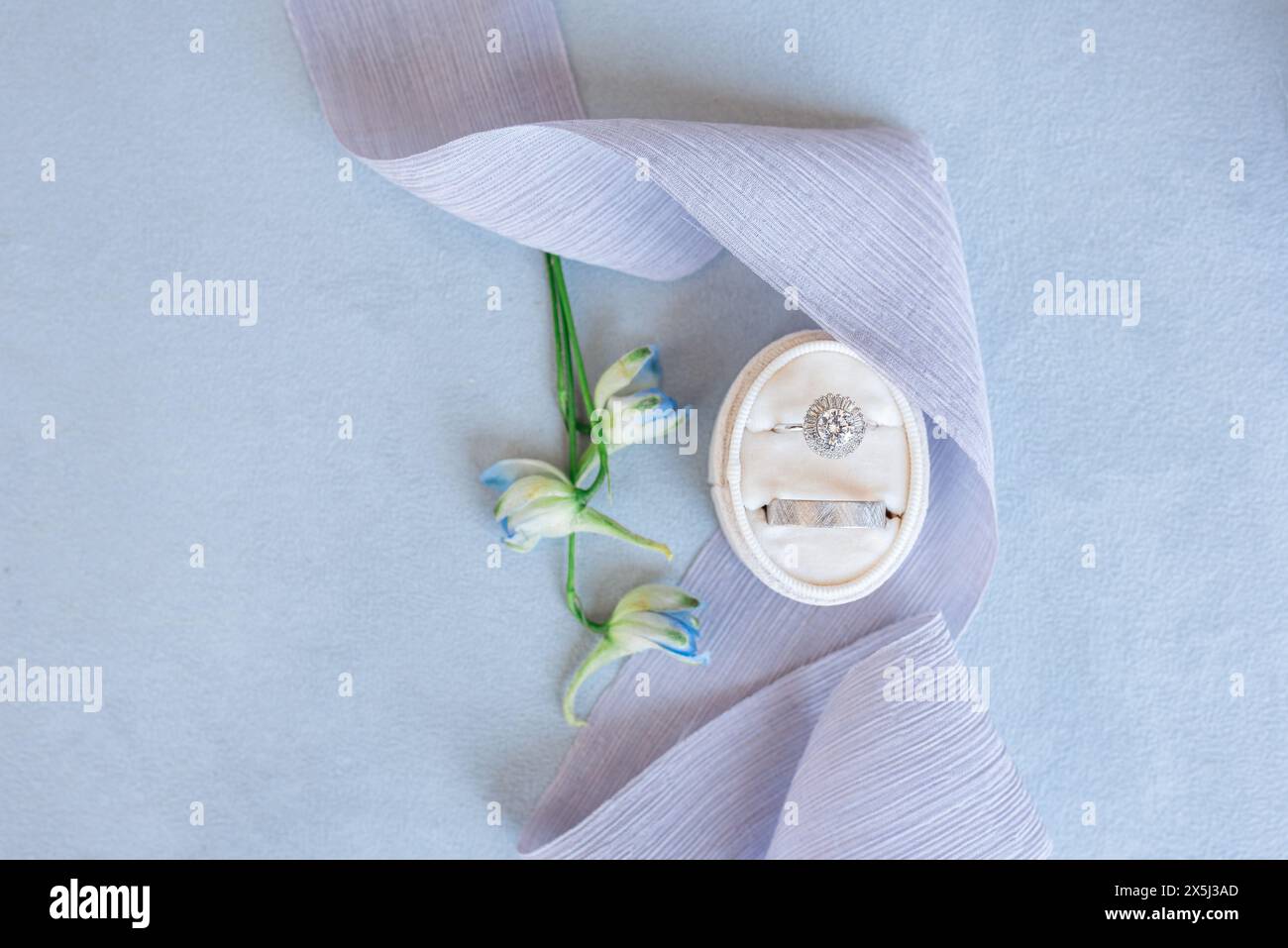 Anelli di diamante e platino in una scatola ad anello con fiori blu su a. Foto Stock