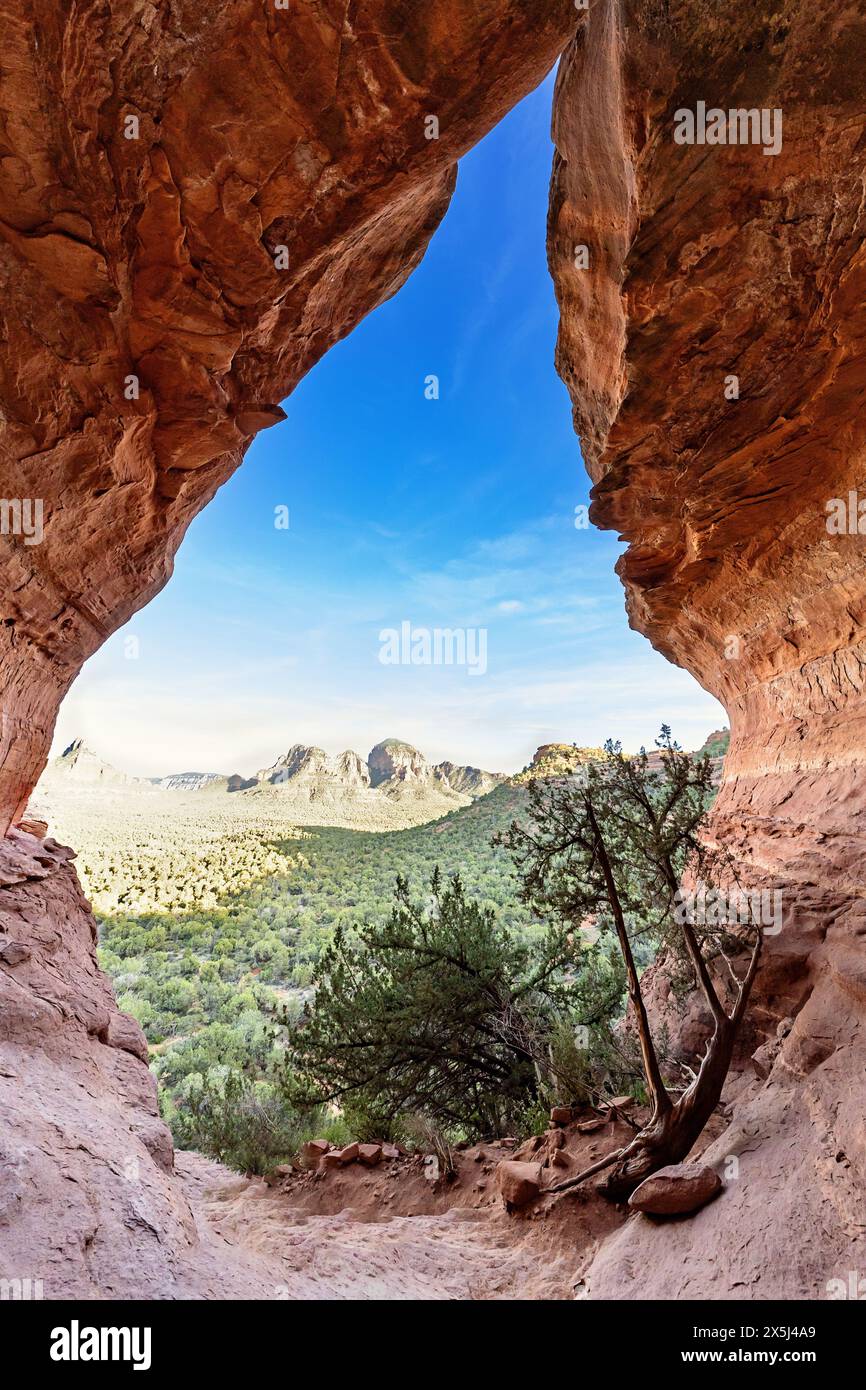 Immagine verticale della grotta che si apre su Mountain View Foto Stock