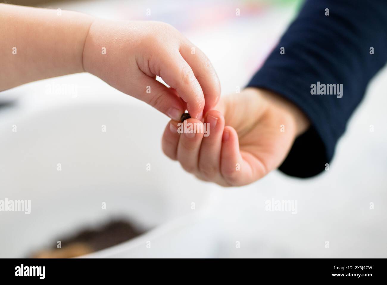 I bambini condividono le patatine al cioccolato mentre preparano insieme Foto Stock
