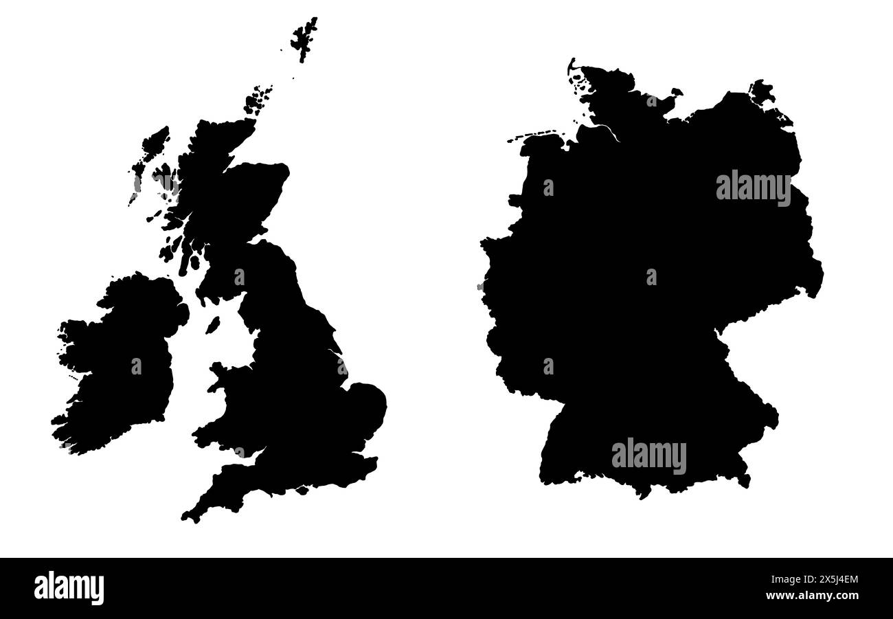 Silhouette nera di Gran Bretagna e Germania. Illustrazione della mappa dei paesi europei. Foto Stock