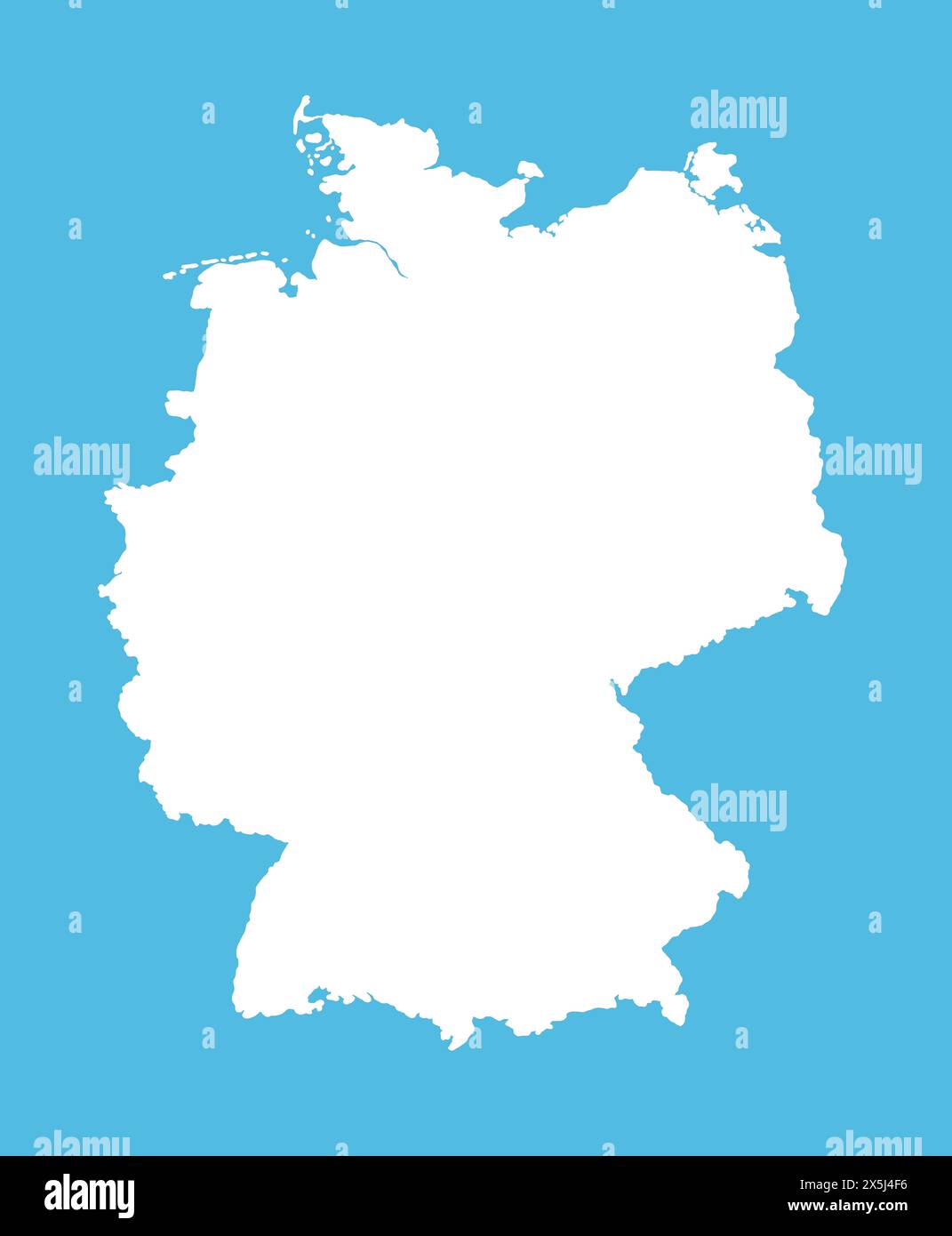Silhouette bianca della Germania su sfondo blu. Illustrazione della mappa del paese europeo. Foto Stock