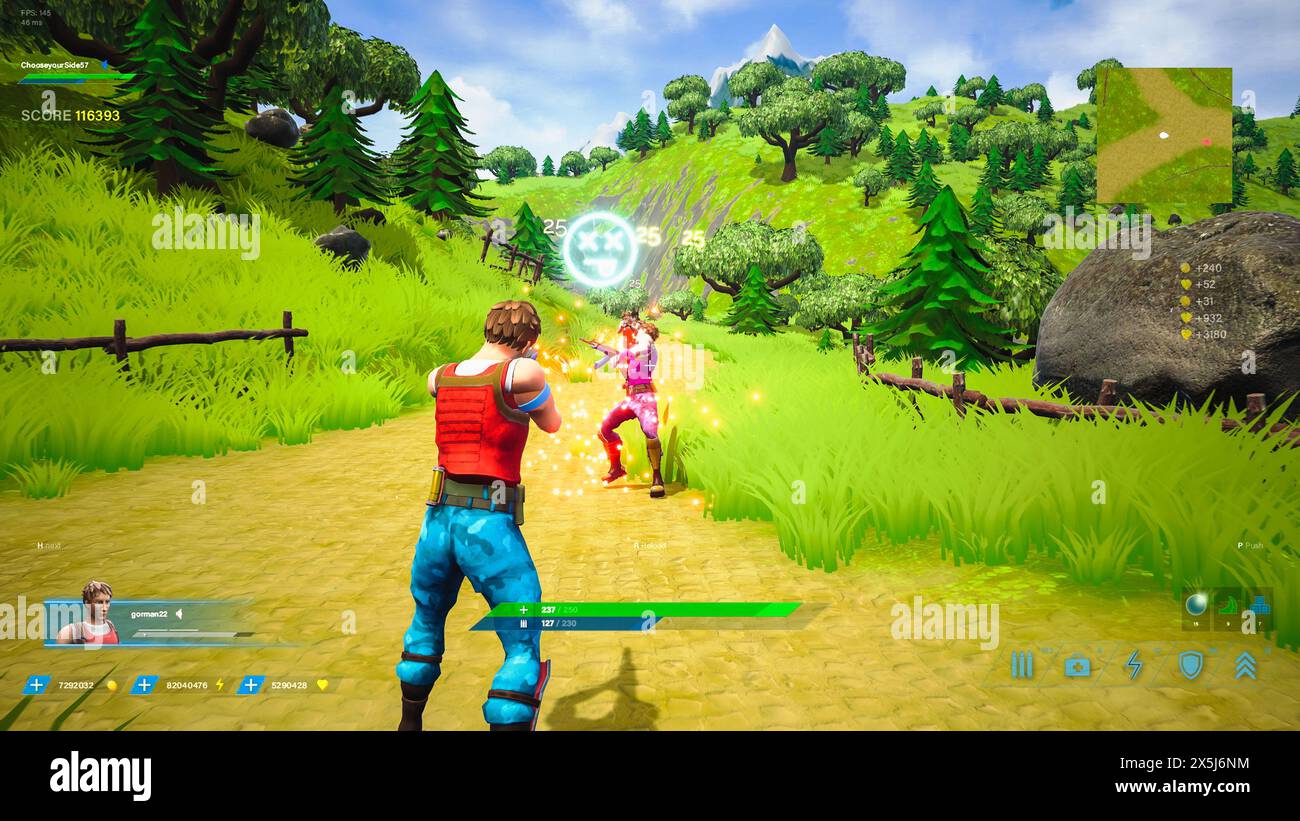 Day Video Game Mock-up: Azione di gioco dello sparatutto online multigiocatore 3D FPS Battle Royale. Divertente sala giochi tattica con personaggi eroi che combattono in Open World, sparatutto. Colorato, stile cartone animato Foto Stock