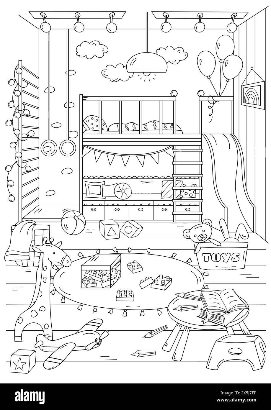 La pagina da colorare per bambini e adulti presenta Un design degli interni della stanza dei bambini Illustrazione Vettoriale