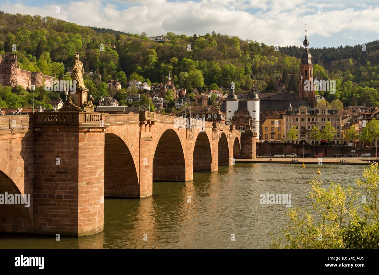 Alte Brucke, il vecchio ponte di Heidelberg su un ampio fiume, Germania, Bden Württenberg, Germania, Europa Foto Stock