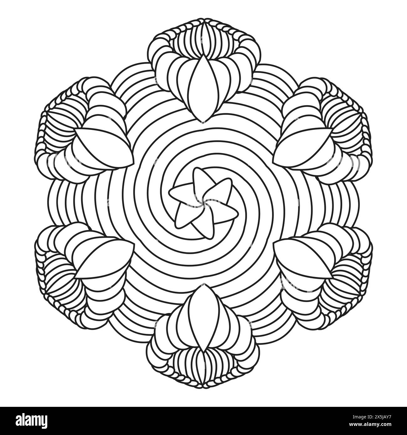 Pagina dei libri coloranti Mandala Spirals per l'interno del libro KDP. Petali pacifici, capacità di rilassarsi, esperienze cerebrali, Harmonous Haven, ritratti pacifici, Illustrazione Vettoriale