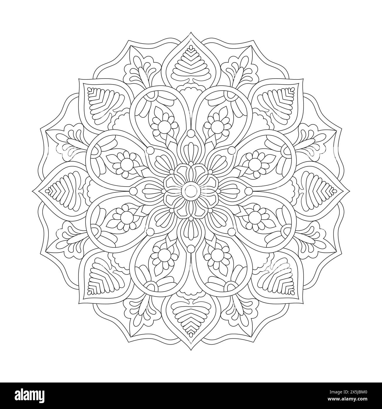 Pagina dei libri colorati Mandala per bambini per interno libro KDP. Petali tranquilli, capacità di rilassarsi, esperienze cerebrali, Harmonous Haven, pacifico porto Illustrazione Vettoriale
