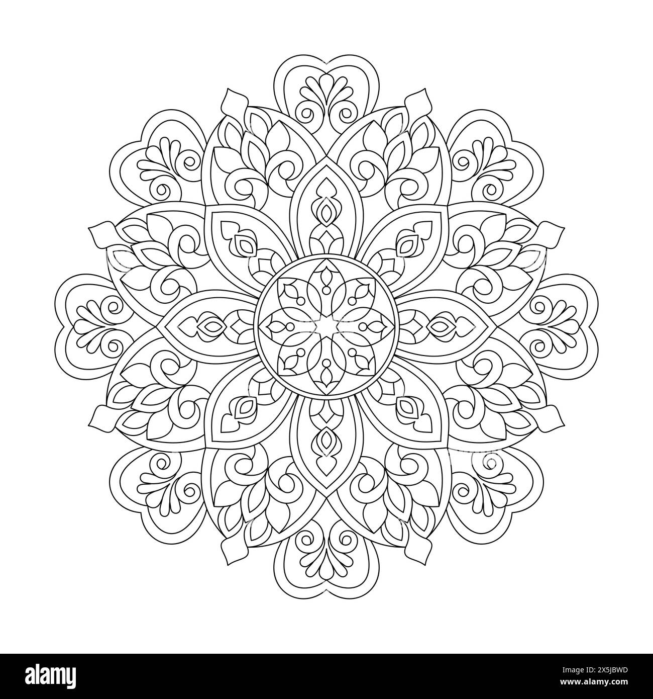 Pagina del libro da colorare Garden of Floral Mandala per l'interno del libro kdp. Petali tranquilli, capacità di rilassarsi, esperienze cerebrali, Haven armonioso, po pacifico Illustrazione Vettoriale