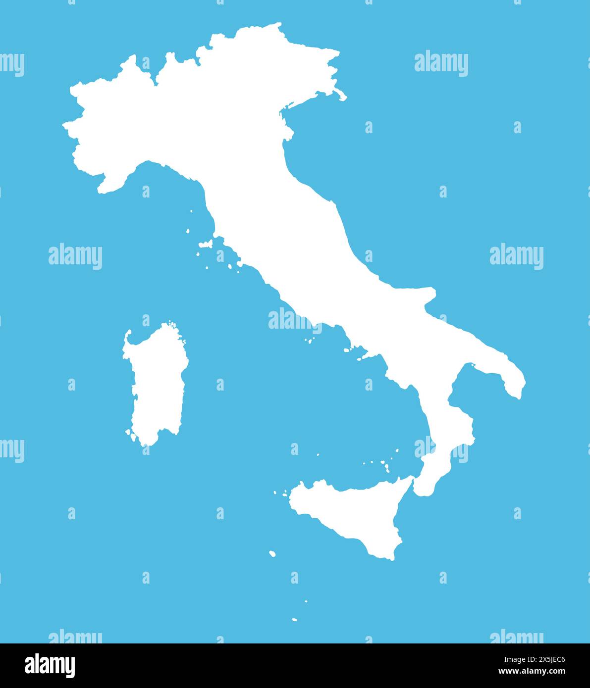 Silhouette bianca dell'Italia su sfondo blu. Illustrazione della mappa del paese europeo. Foto Stock