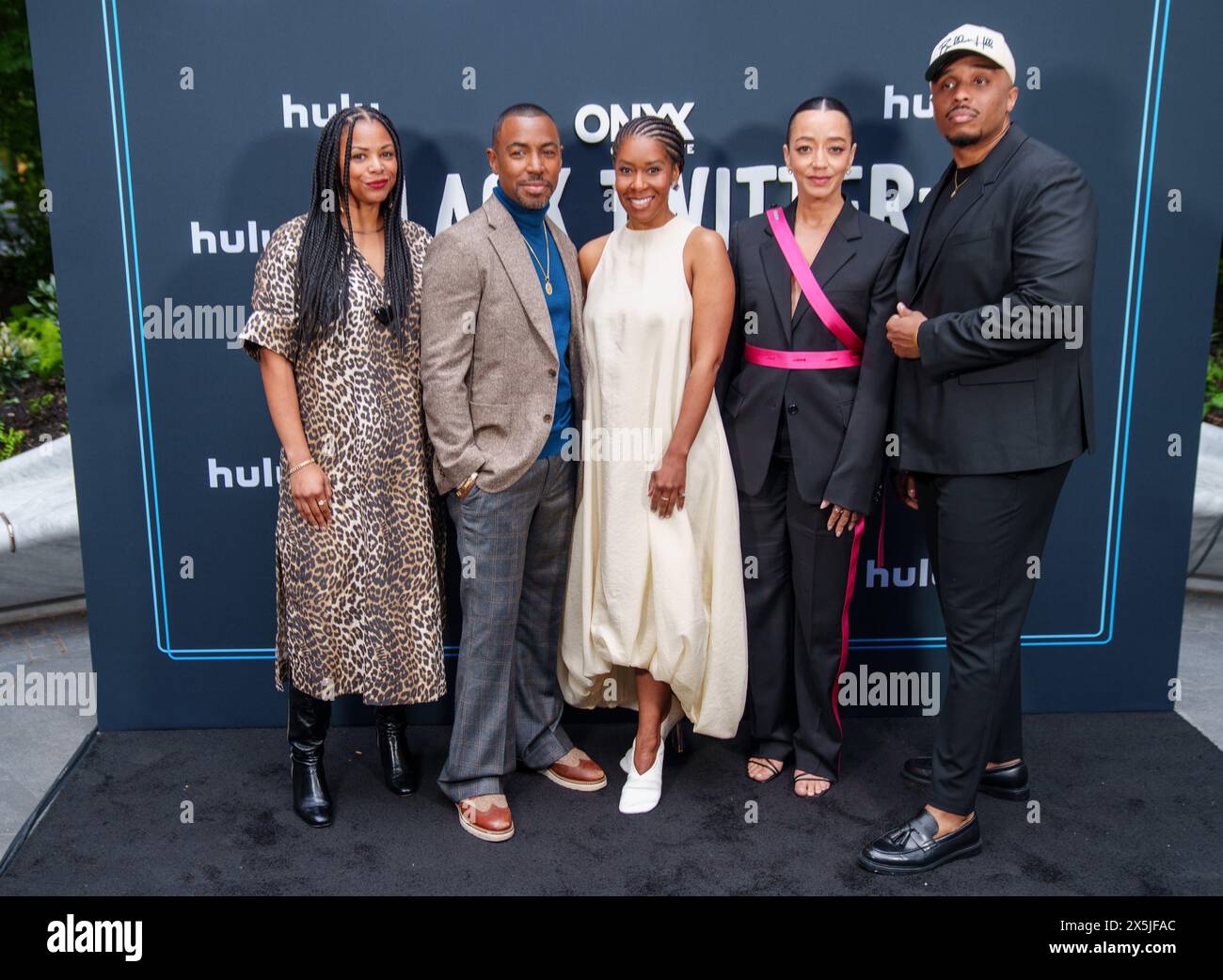 New York, New York, Stati Uniti. 9 maggio 2024. Jihan Robinson, Prentice Penny, Tara Duncan, Joie Jacoby e Jason Parham al Black Twitter: A People's History New York prima al Midnight Theatre il 9 maggio 2024 a New York. Crediti: Raymond Hagans/Media Punch/Alamy Live News Foto Stock