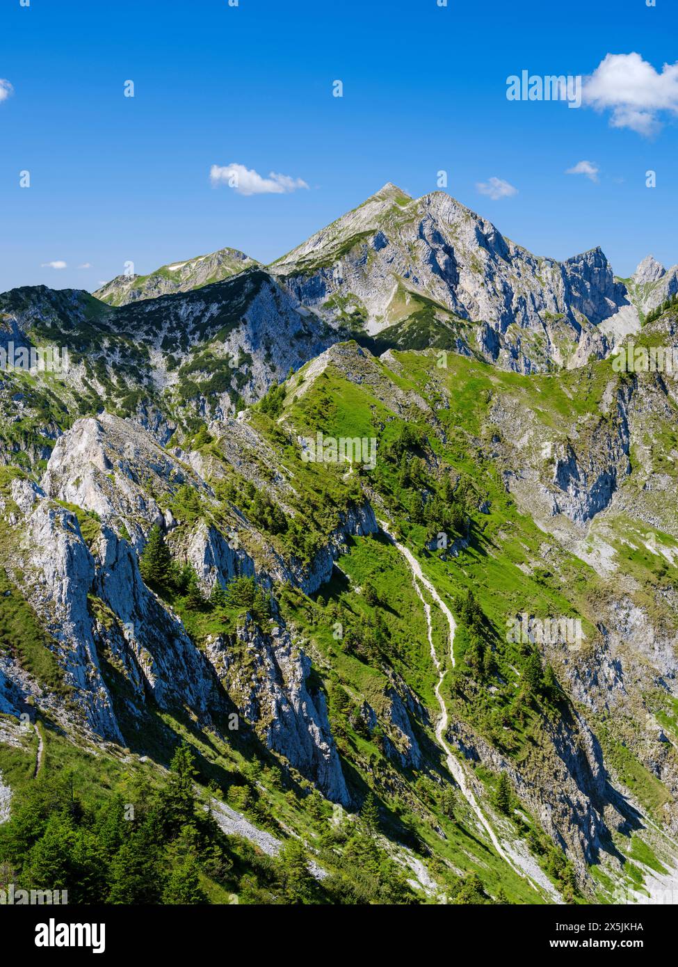 Vista verso il monte Hochplatte, Mt. Vorderscheinberg e una dolina chiamata Kessel. Parco naturale delle Alpi Ammergau (Ammergau Alpen) nelle Alpi calcaree settentrionali dell'alta Baviera, Germania. Foto Stock