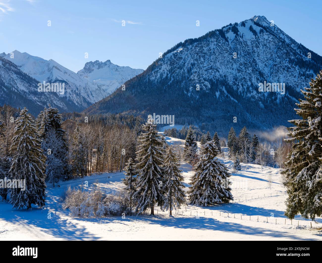 Vista da Dienersberg verso la valle del fiume Trettach. Le Alpi Allgau vicino a Oberstdorf durante l'inverno in Baviera, Germania. Foto Stock