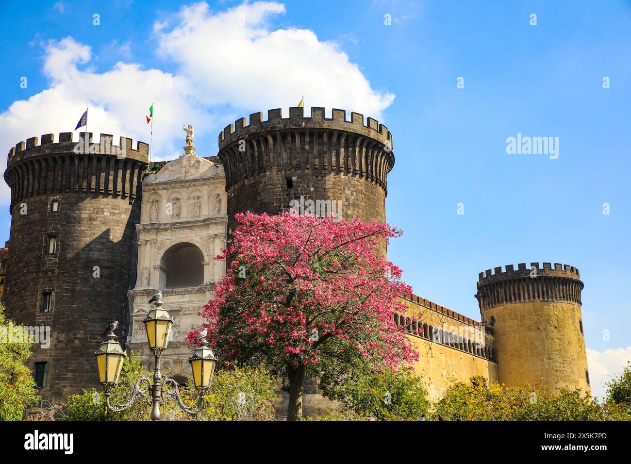Napoli, Italia, Castello nuovo, bouganville, edificio storico di Jolly Sienda Photography Foto Stock