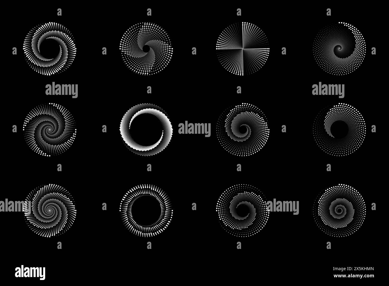 Icone dei mezzitoni tratteggiate a spirale. Set di loghi futuristici digitali Vortex. Forme geometriche vettoriali Illustrazione Vettoriale