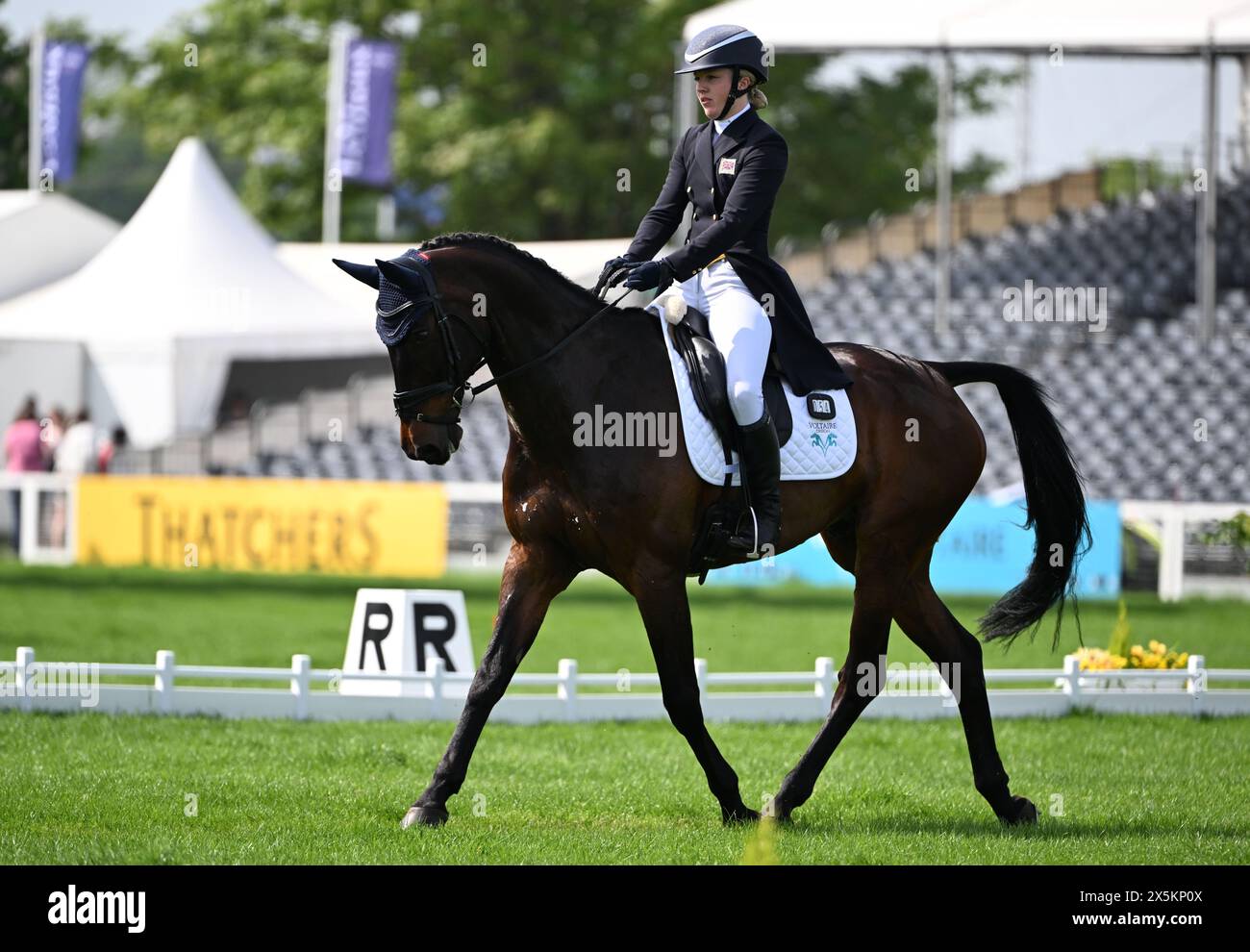 Badminton Estate, Gloucestershire, Regno Unito. 10 maggio 2024. 2024 MARS Badminton Horse Trials giorno 3; Felicity Collins (GBR) in sella alla RSH CONTENDENTE O durante il Dressage il giorno 3 credito: Action Plus Sports/Alamy Live News Foto Stock