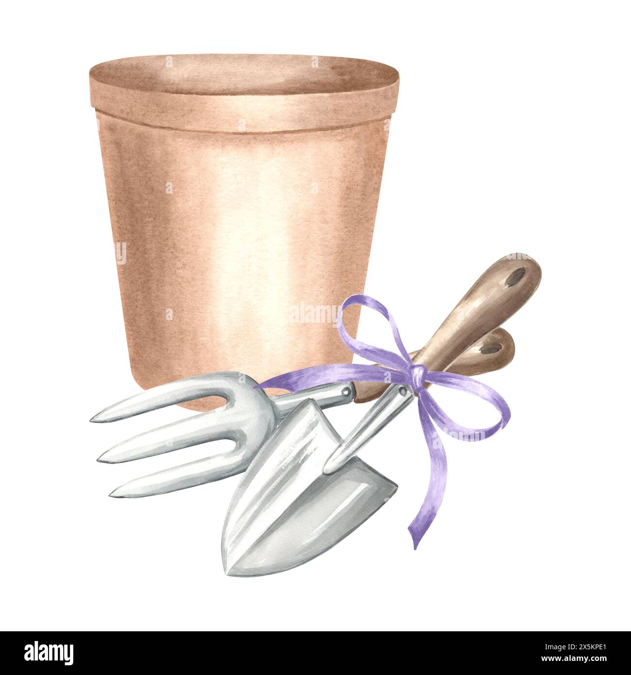 Vaso di fiori con cazzuola e rastrello. Attrezzi e forniture per il giardinaggio. Illustrazione ad acquerello disegnata a mano, composizione isolata per la coltivazione. Apparecchiature per gar Foto Stock
