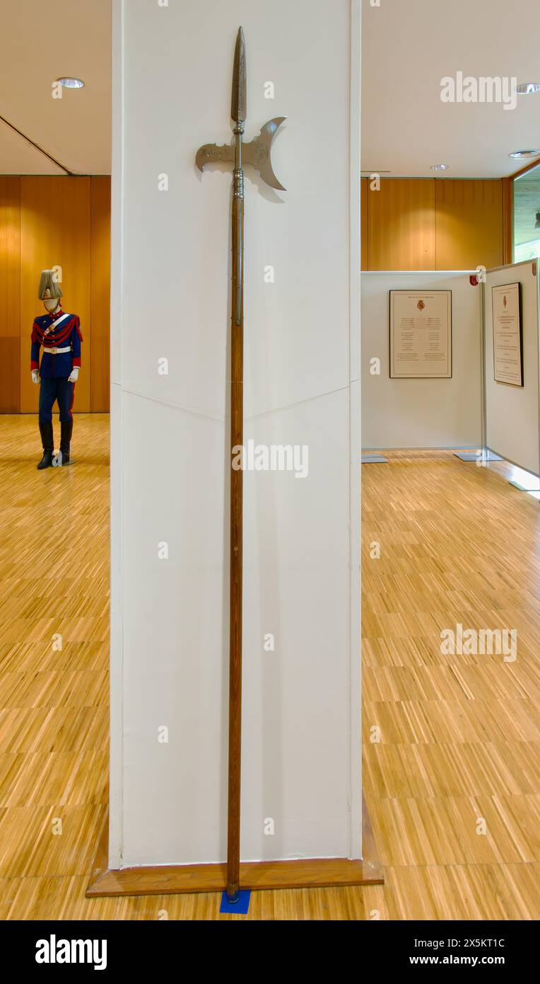 Lama di ascia alabarda sormontata da una punta montata su un lungo albero in mostra l'evento della Guardia reale spagnola Palacio de Exposiciones Santander Cantabria Spagna Foto Stock
