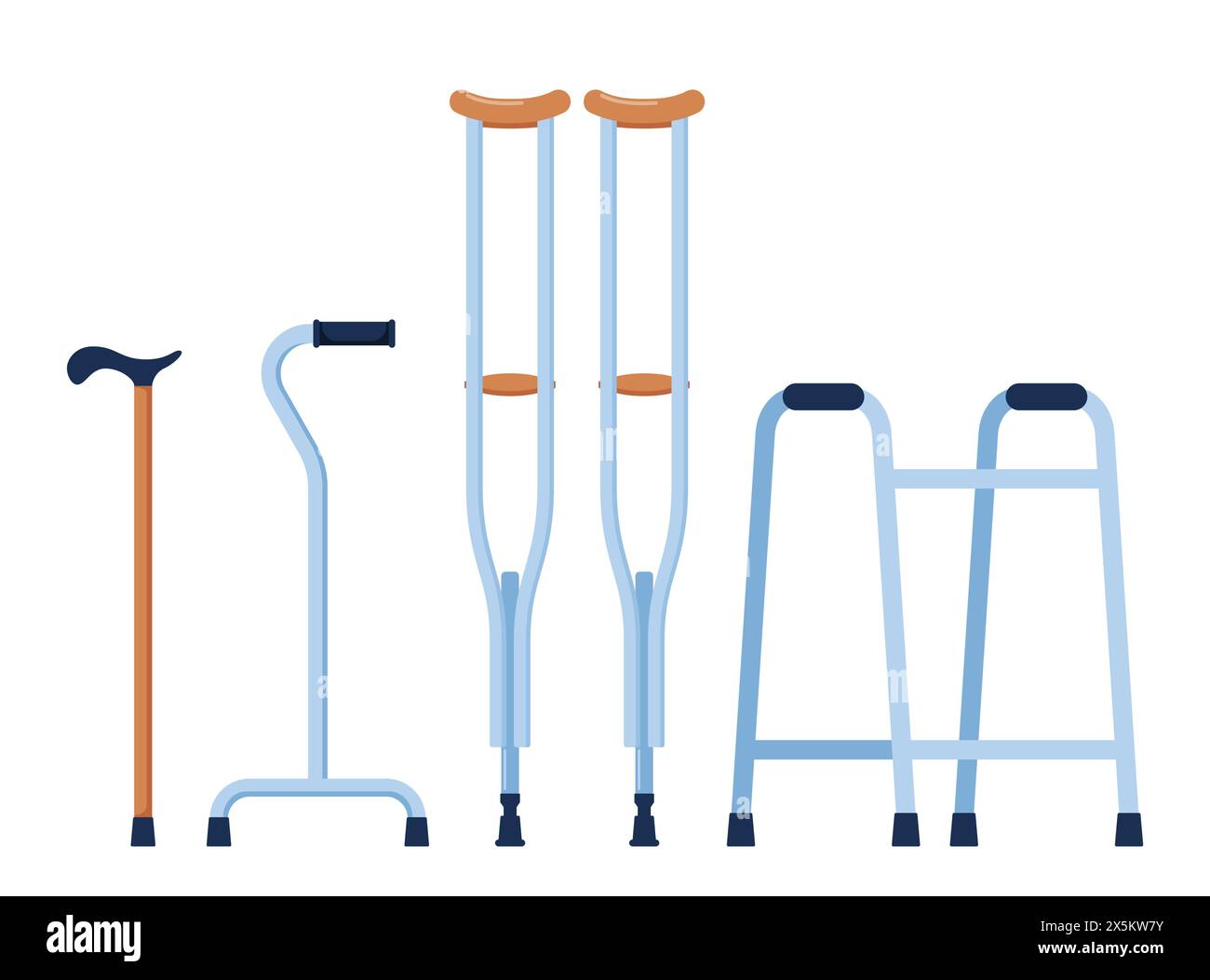 Set di ausili per la mobilità, tra cui un camminatore, stampelle, bastone quadruplo, stampelle all'avambraccio. Concetto di assistenza sanitaria Illustrazione Vettoriale