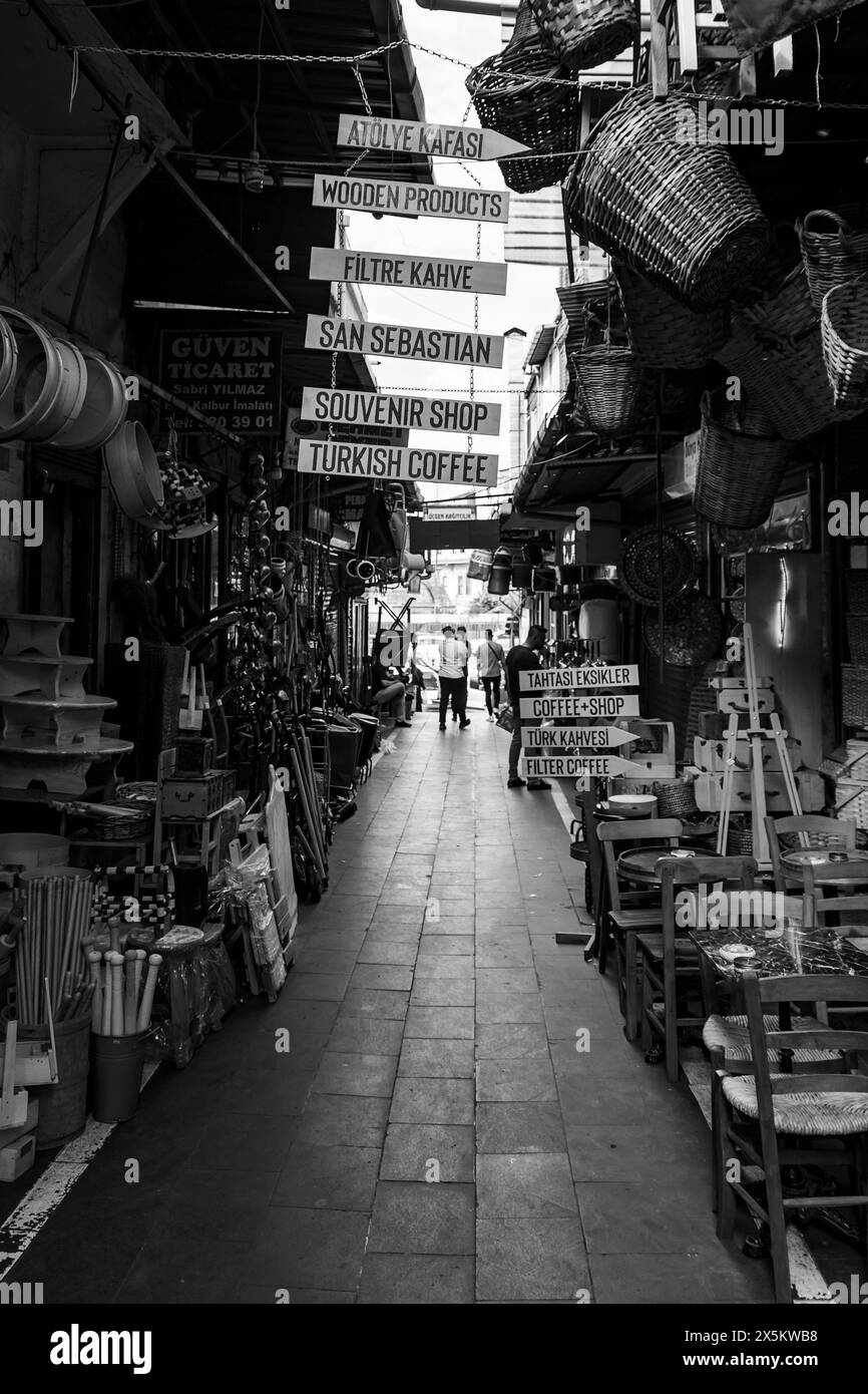 Un viale di mercato a Istanbul pieno di negozi che vendono prodotti per la casa Foto Stock