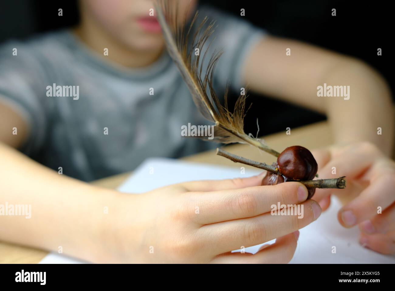 il ragazzo trattiene rami di alberi, castagne, attrezzi, uomo di castagno per bambini, artigianato artigianale con materiale naturale improvvisato, motore fine sk per lo sviluppo di concept Foto Stock