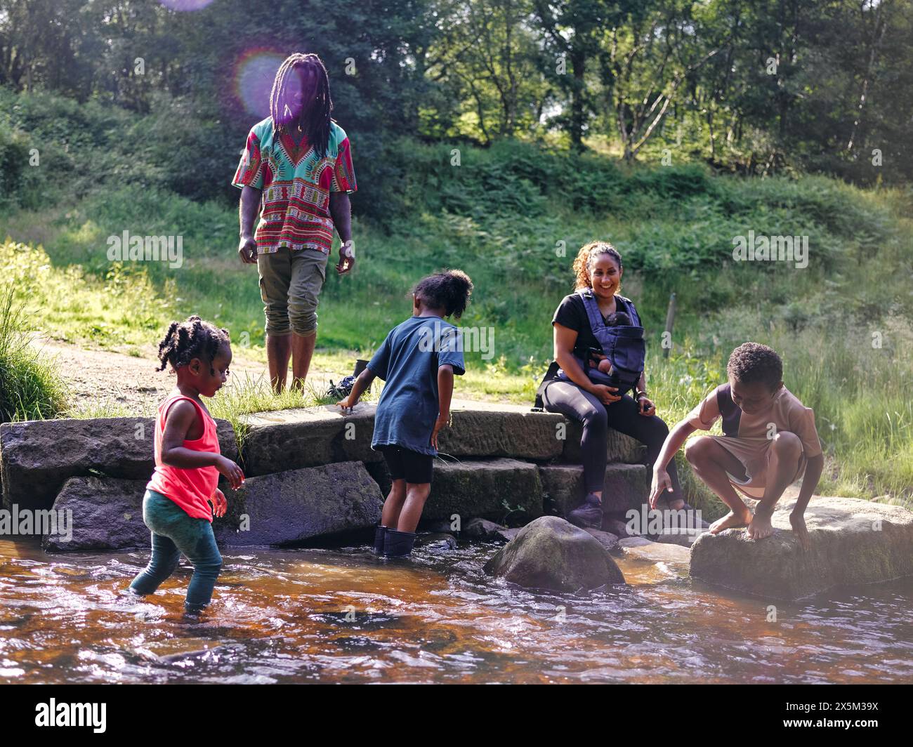 Regno Unito, famiglia che gioca a Shallow creek Foto Stock