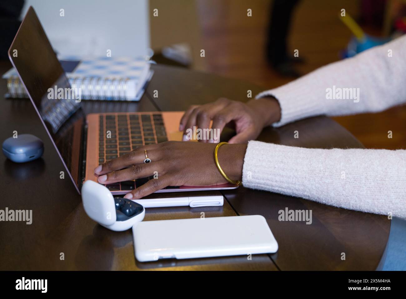 Donna che usa un notebook, primo piano Foto Stock