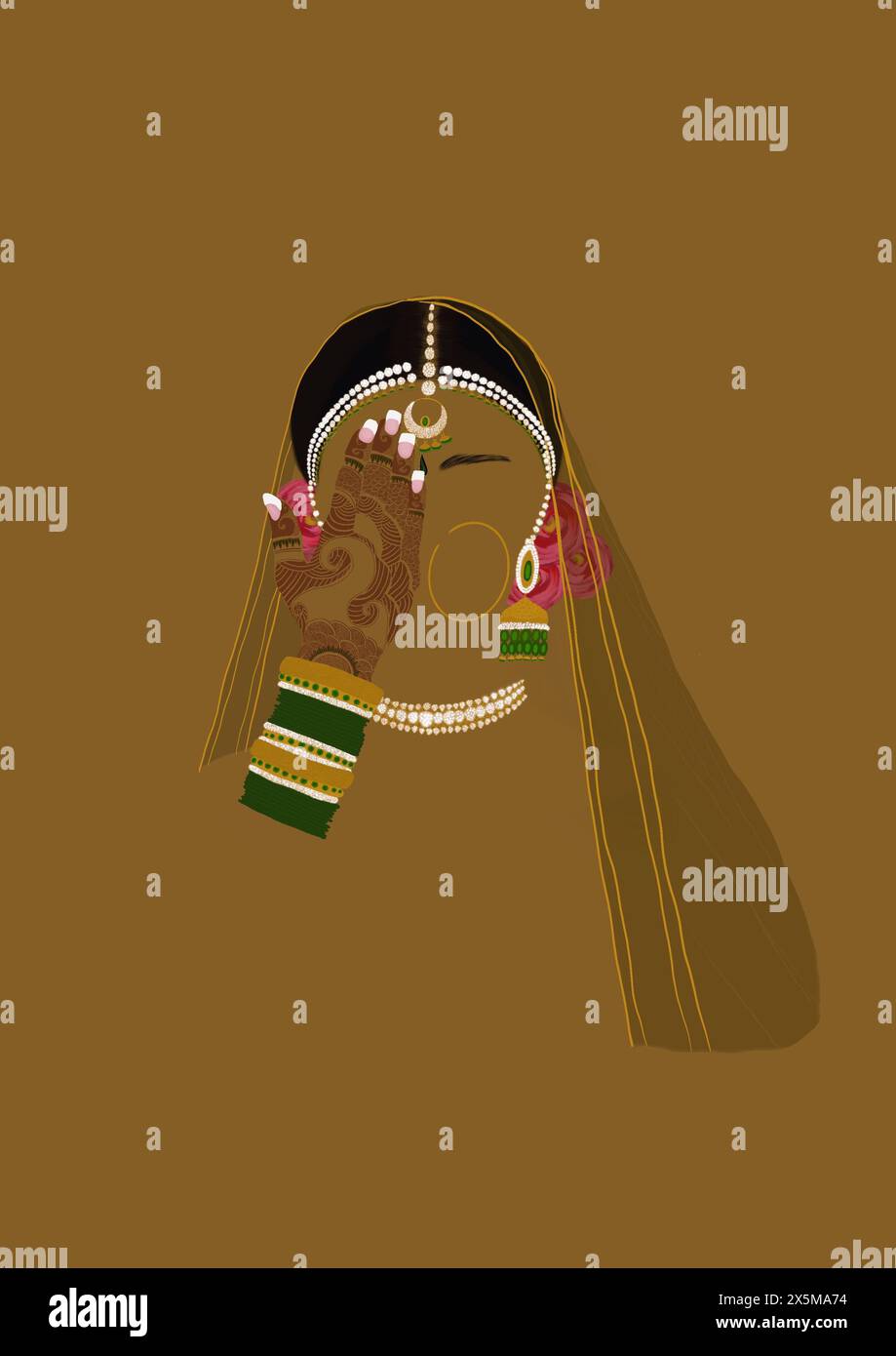 Ritratto di donna dell'Asia meridionale con tatuaggi all'henné a portata di mano, illustrazione Foto Stock