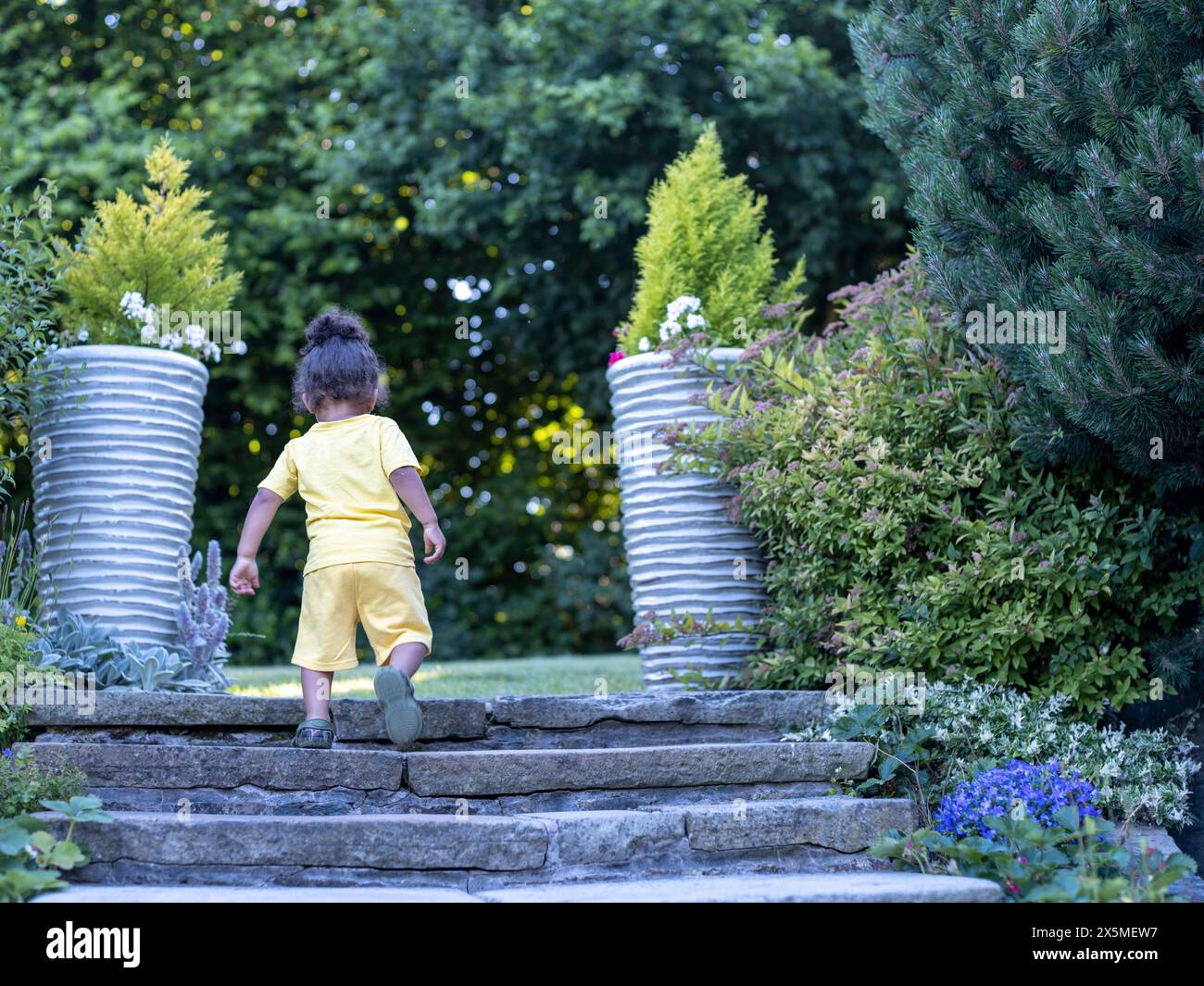 Bambino (2-3) che sale le scale in giardino Foto Stock