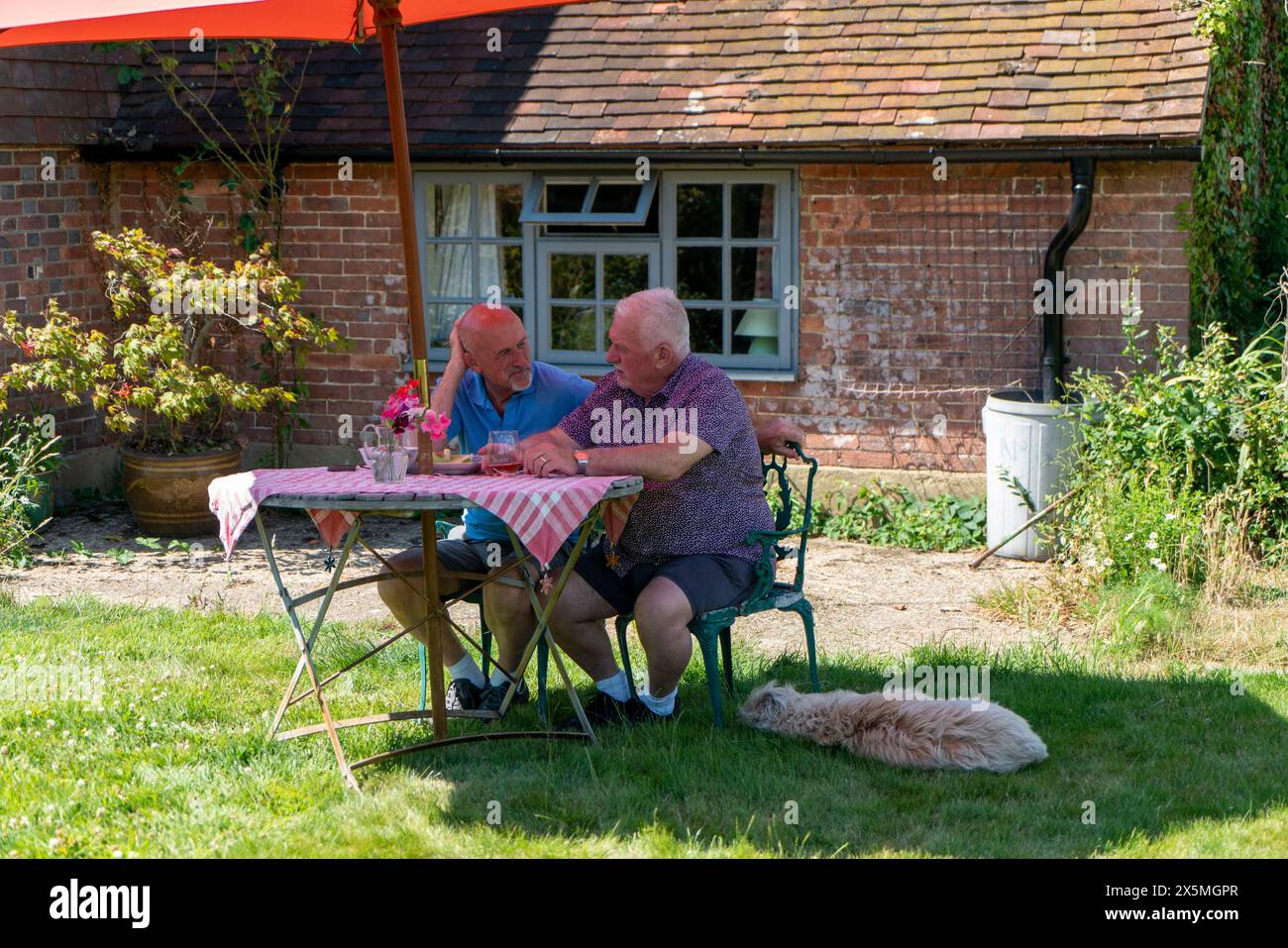 Coppia di uomini anziani che si rilassano in giardino Foto Stock