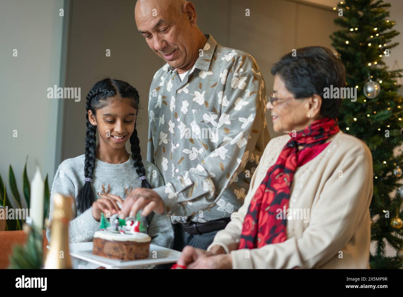 Ragazza sorridente con nonni che decorano la torta di Natale Foto Stock