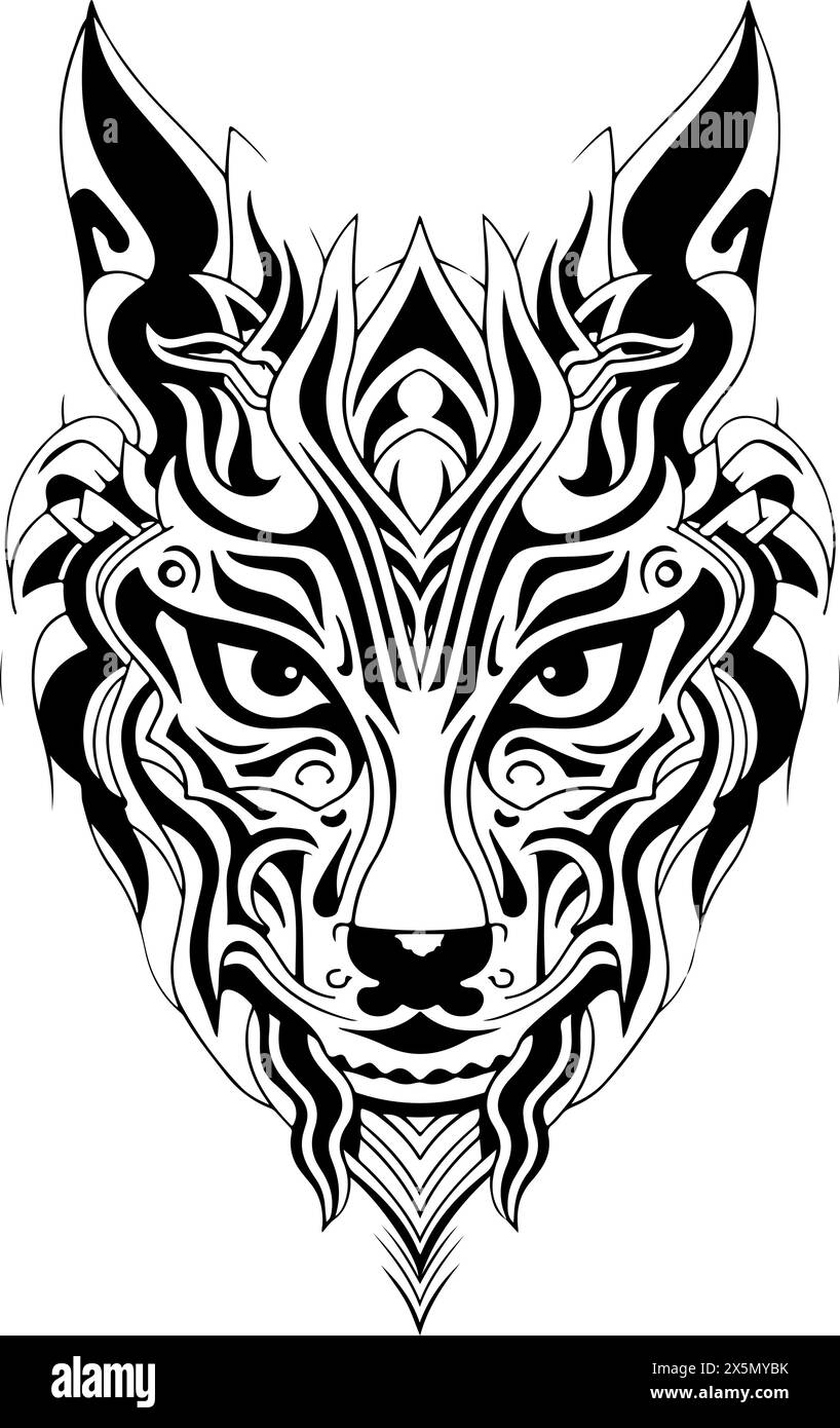 Un disegno in bianco e nero di un lupo con una criniera. Il lupo ha uno sguardo feroce sul volto. Modello con logo per la testa di lupo ornamentale. Illustrazione Vettoriale