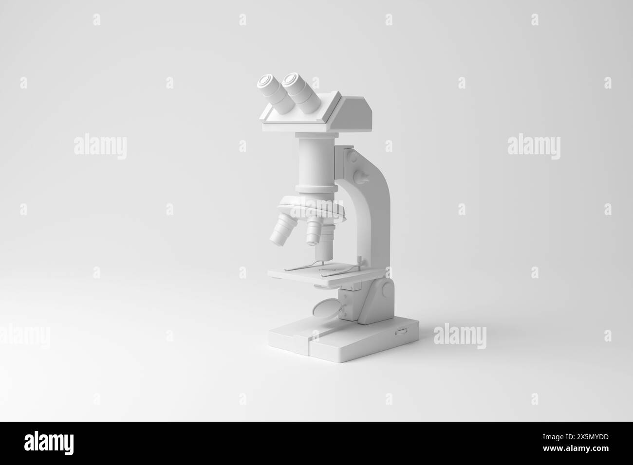 Microscopio da laboratorio bianco su sfondo bianco. Illustrazione del concetto di ricerca scientifica, microbiologia e patologia Foto Stock