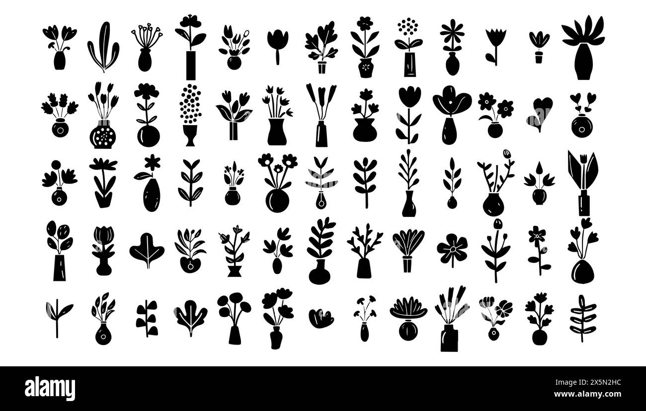 I fiori astratti organici ingenui impostano l'illustrazione vettoriale. Scarabocchio estivo di design artistico nero e di tendenza. Elemento floreale vintage goffrato e fiorito Illustrazione Vettoriale