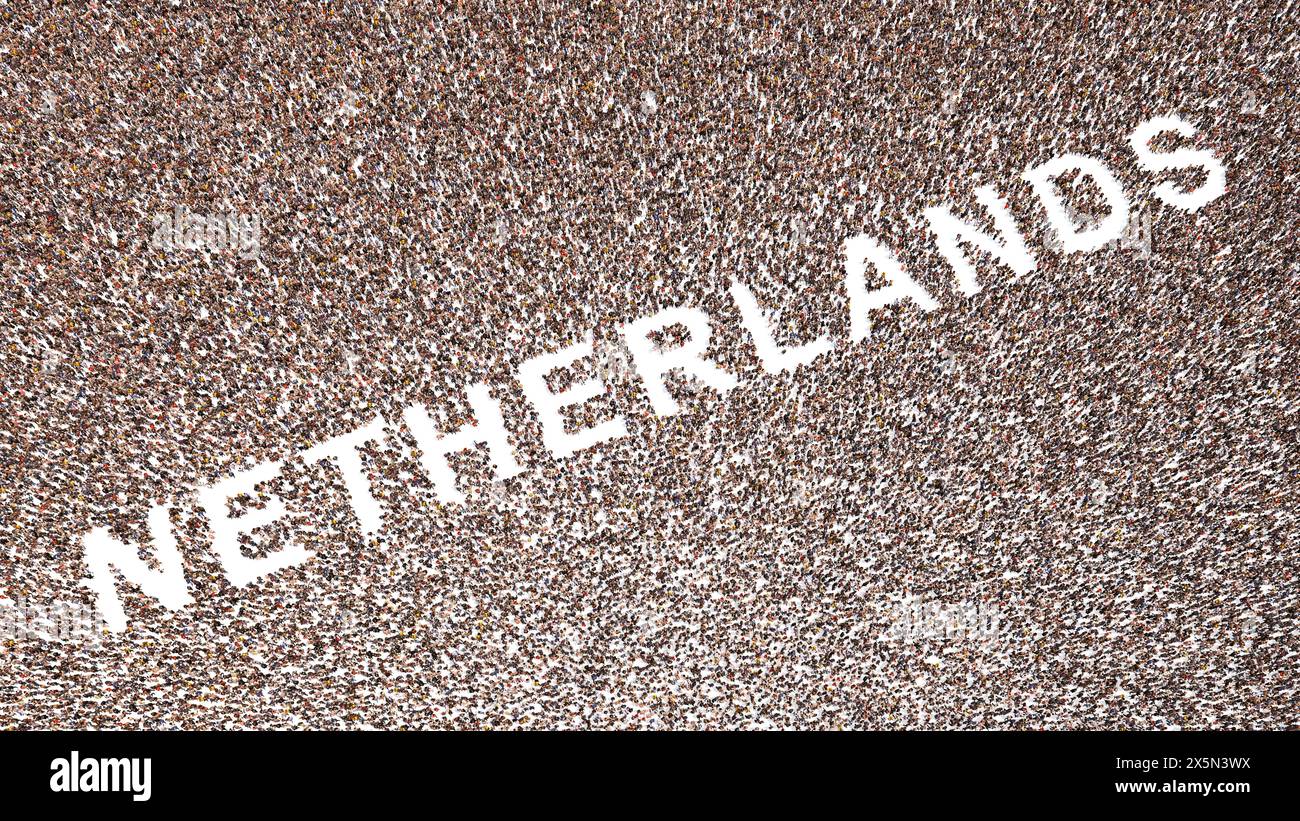 Concetto o concettuale grande comunità di persone che formano la parola PAESI BASSI. metafora dell'illustrazione 3d per la cultura, la storia e l'istruzione, la politica Foto Stock