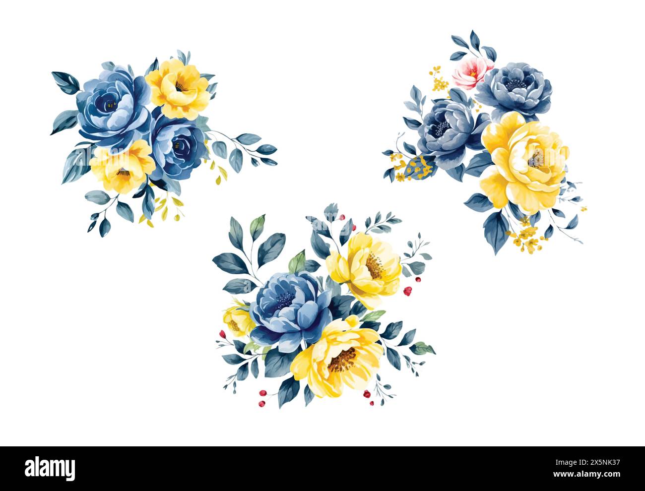 Illustrazione vettoriale dei fiori blu e giallo acquerello Illustrazione Vettoriale