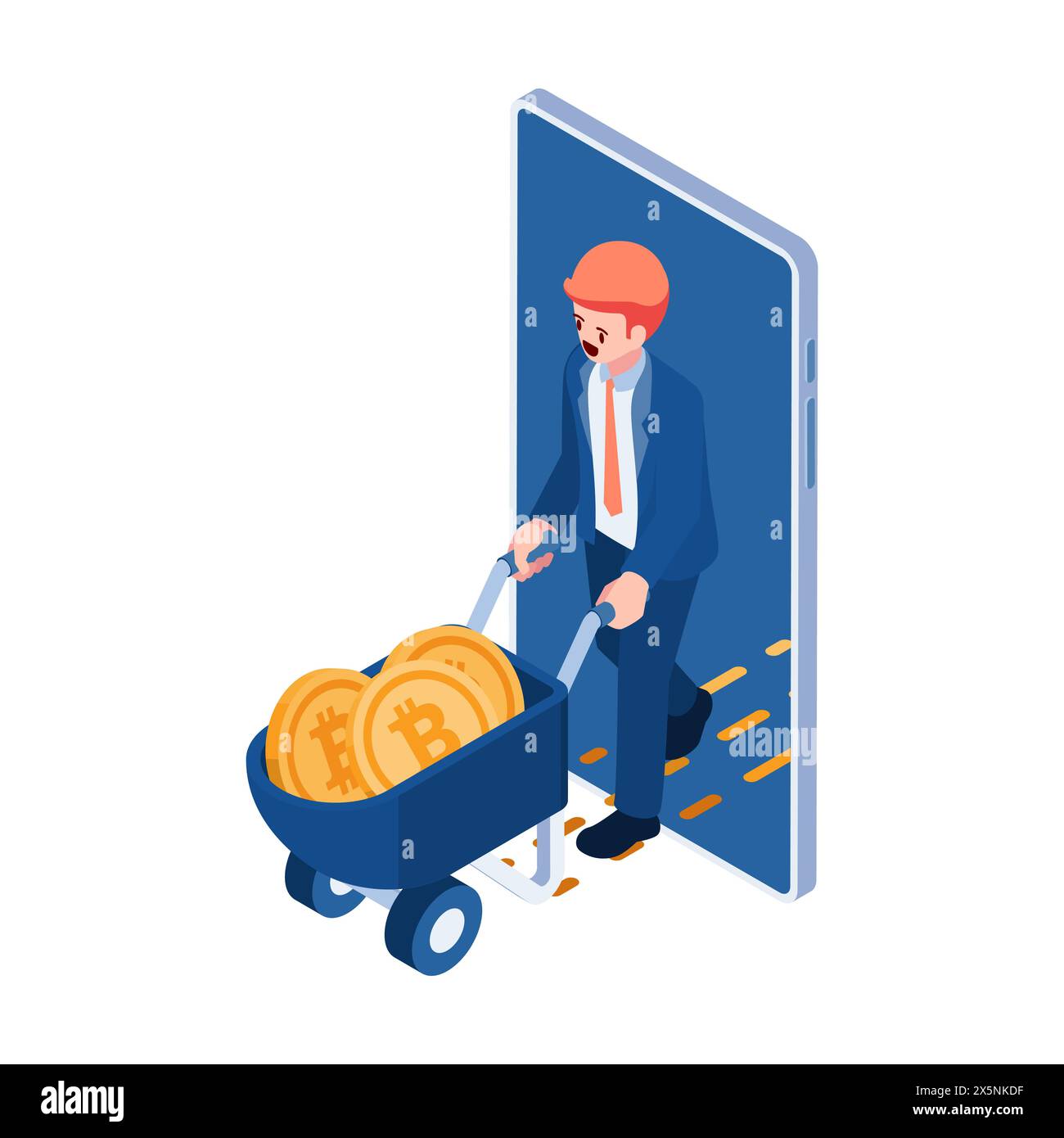 Uomo d'affari isometrico in 3d con Wheelbarrow pieno di Bitcoin. Bitcoin Mining e Cryptocurrency Investment Concept. Illustrazione Vettoriale