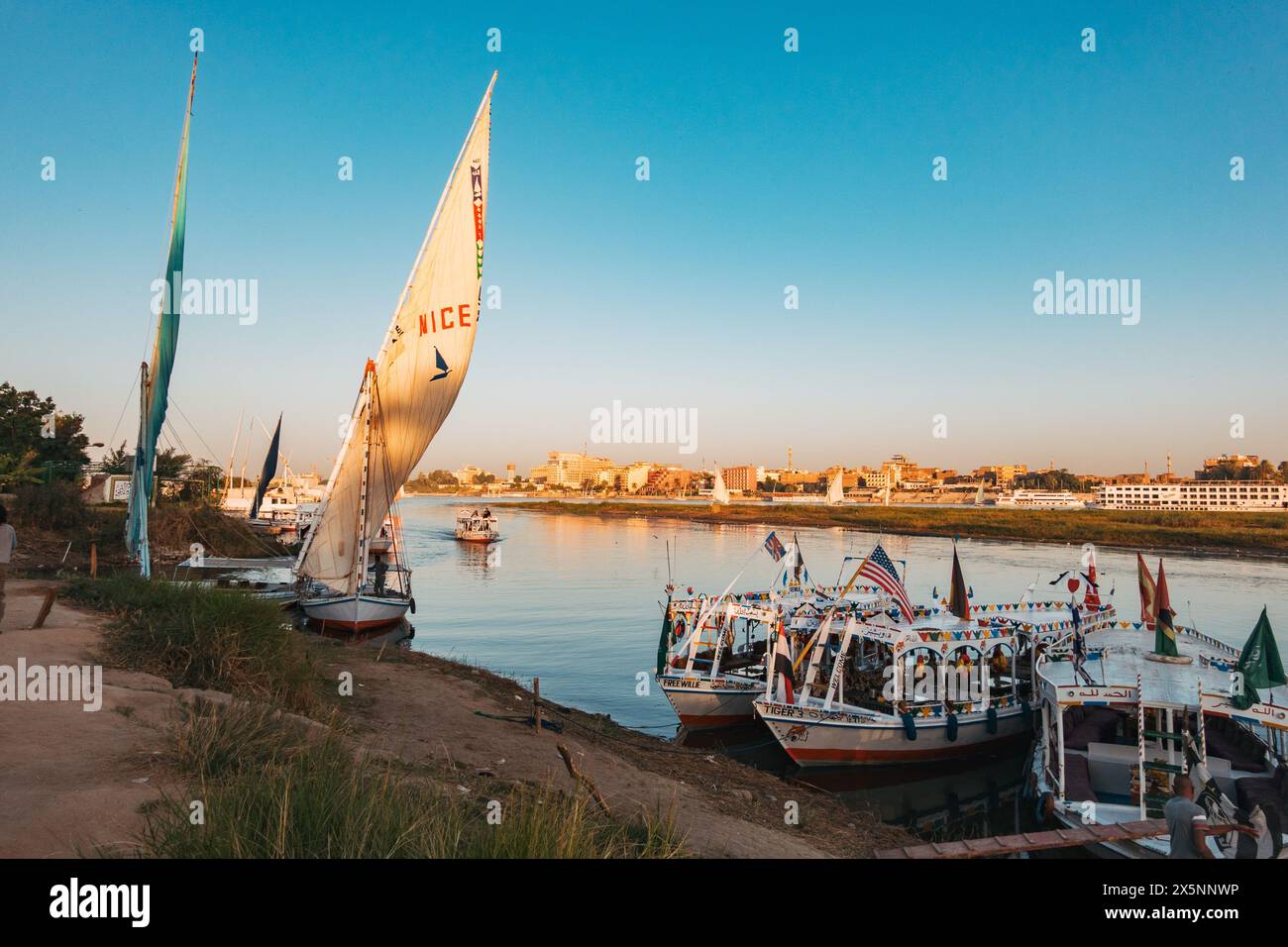 Una feluca e altre barche turistiche ormeggiate sulle rive del Nilo, Luxor, in una crociera turistica al tramonto Foto Stock