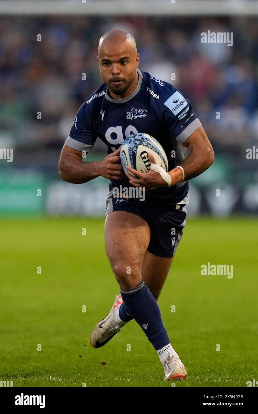 Sale Sharks Wing Tom o'Flaherty durante la partita di Premiership Gallagher sale Sharks vs Leicester Tigers al Salford Community Stadium, Eccles, Regno Unito, 10 maggio 2024 (foto di Steve Flynn/News Images) Foto Stock