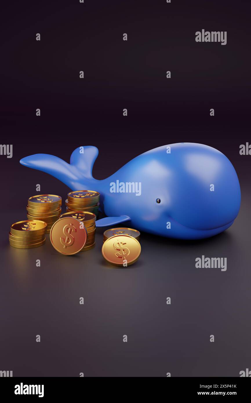 Balena cartoni animati con monete da un dollaro su sfondo scuro. illustrazione 3d. Foto Stock
