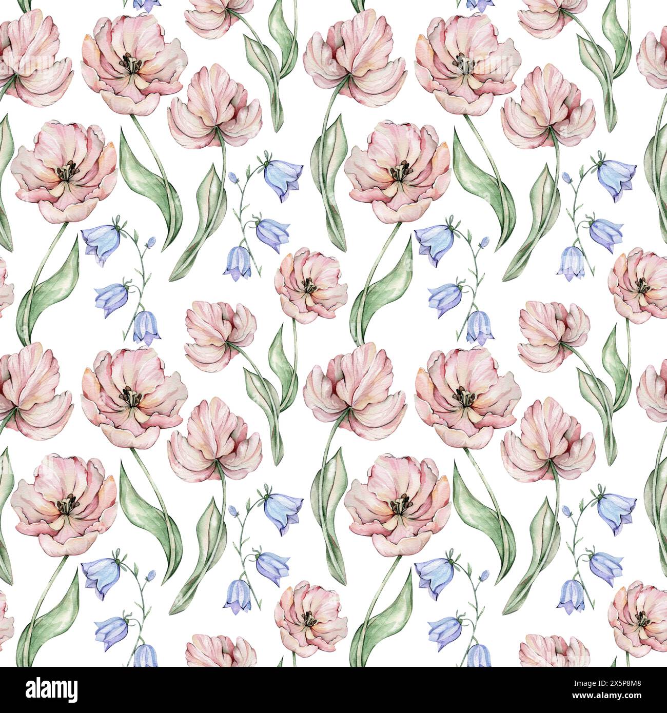 Motivo senza cuciture con tulipani acquerelli e campanelli Foto Stock