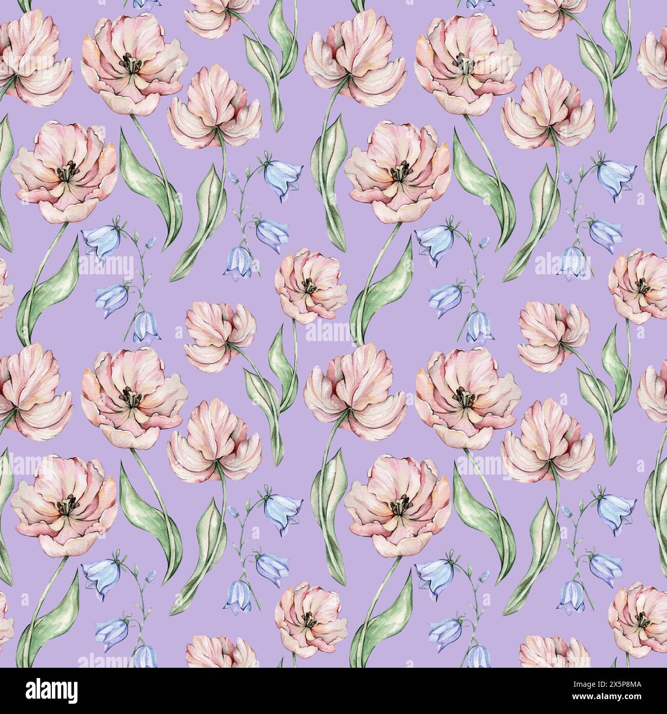 Motivo senza cuciture con tulipani acquerelli e campanelli Foto Stock