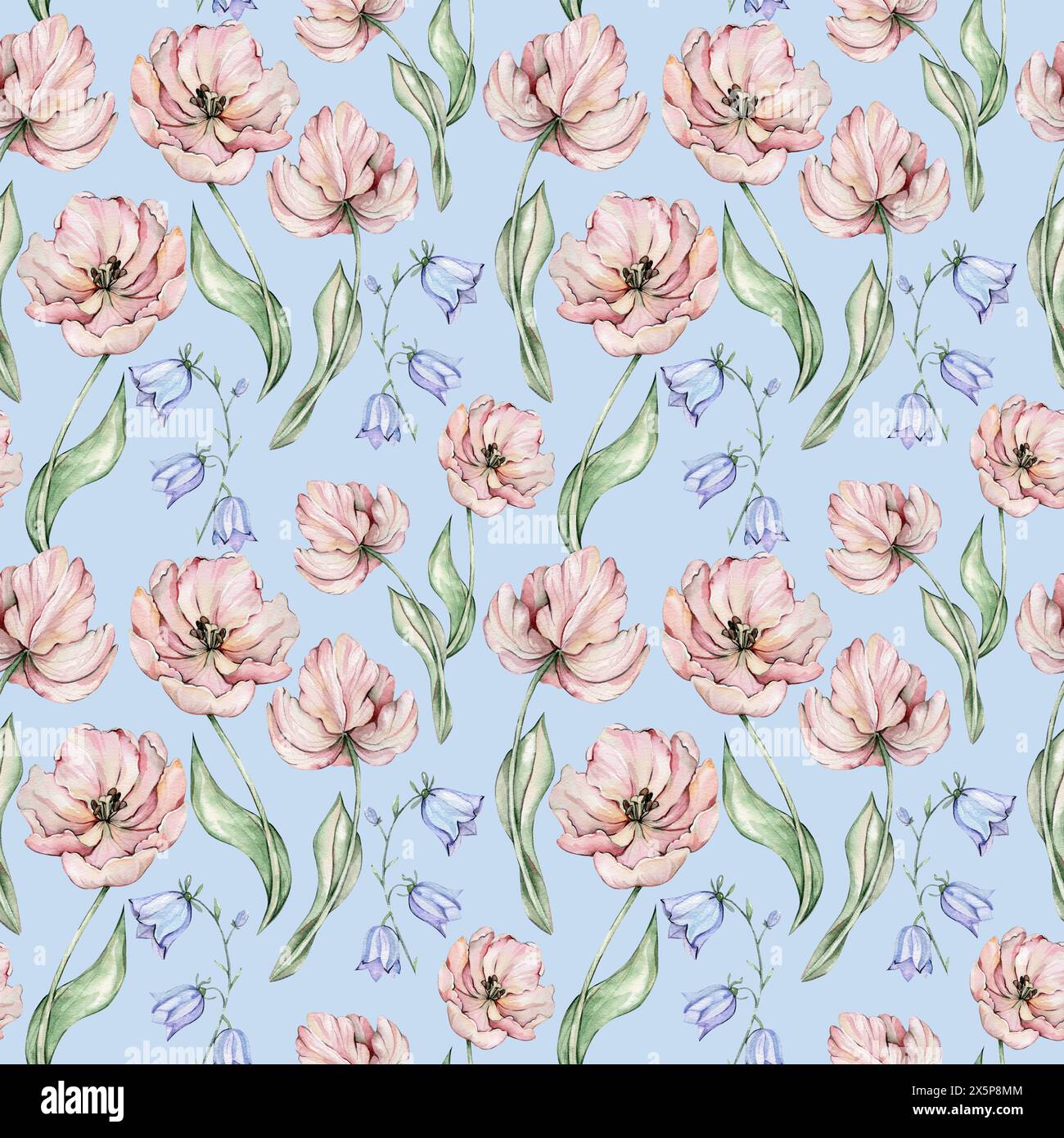 Motivo senza cuciture con tulipani acquerelli e campanelli Foto Stock