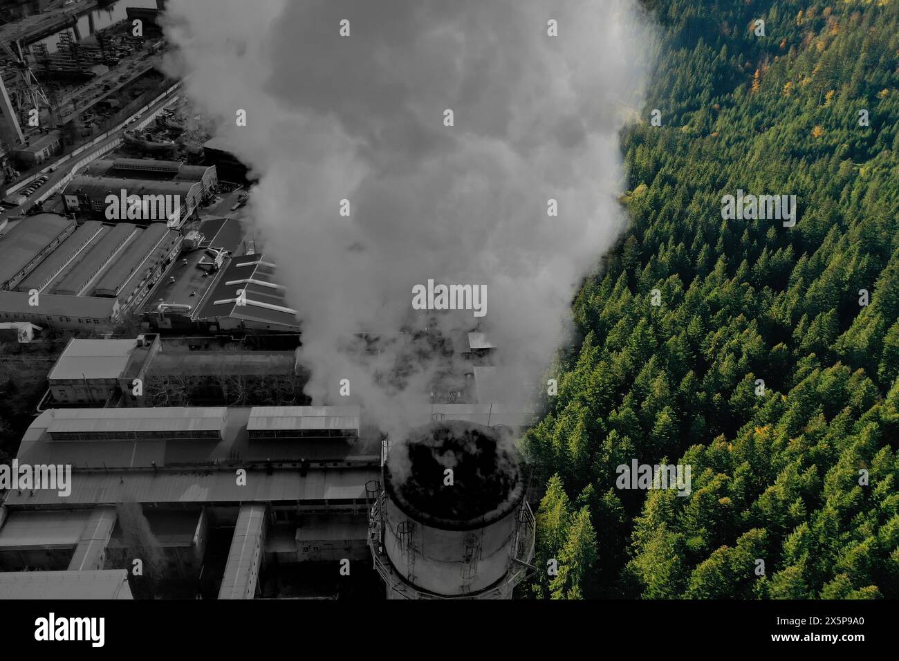 Inquinamento ambientale. Collage diviso con il fumo in una fitta foresta e una fabbrica industriale Foto Stock