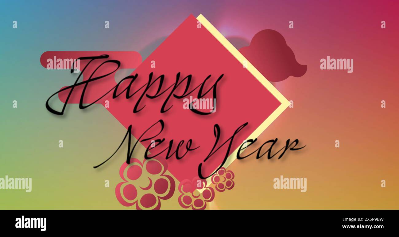 Sfondo colorato con testo felice anno nuovo con elementi decorativi Foto Stock