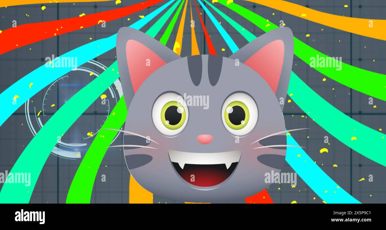 Un gatto dei cartoni animati con occhi larghi e un grande sorriso è circondato da strisce colorate Foto Stock Un gatto dei cartoni animati con occhi larghi e un grande sorriso è circondato da strisce colorate Foto Stock