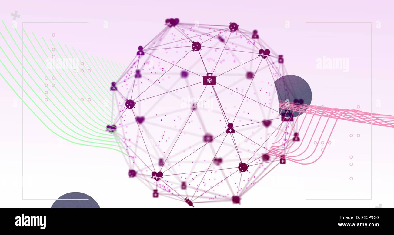Immagine di una rete di connessioni con icone su cerchi e linee su sfondo rosa Foto Stock