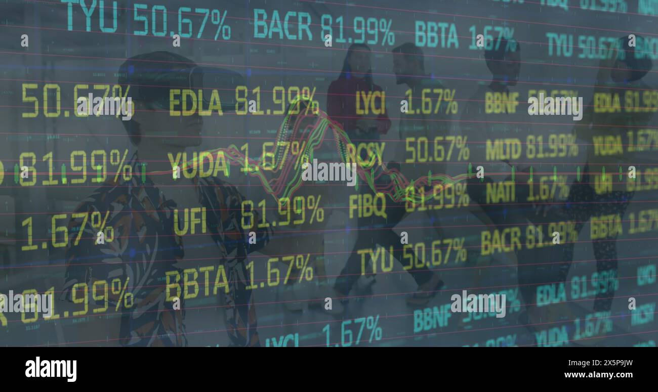 Immagine dell'elaborazione dei dati su persone aziendali diverse che utilizzano il visore vr Foto Stock
